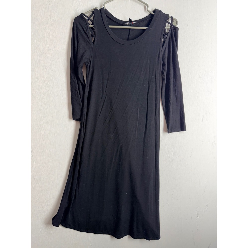 MM Couture Black Cold Shoulder Lattice Strappy Long Sleeve Mini Dress Small